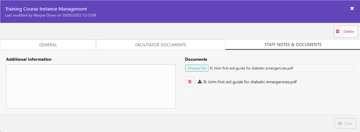 Course Instance: Staff Notes and Documents Tab