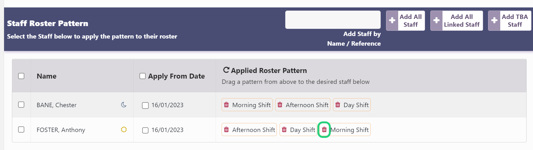 Assign Pattern Row(s) to an Employee In Roster Pattern Designer