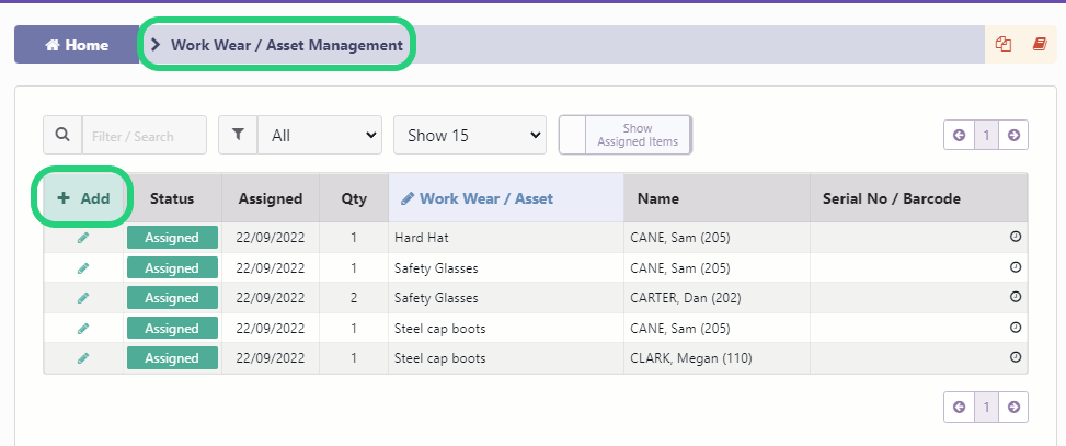 Assigning Work Wear / Asset Items or Groups