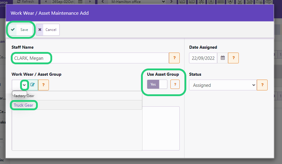 Assigning Work Wear / Asset Items or Groups