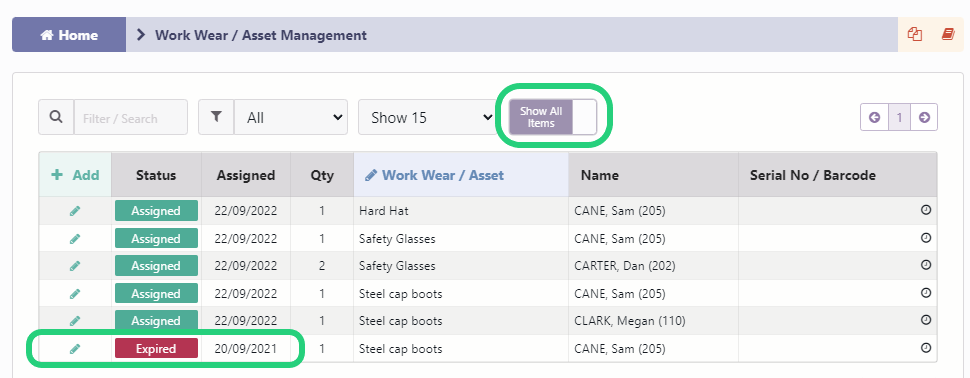Assigning Work Wear / Asset Items or Groups