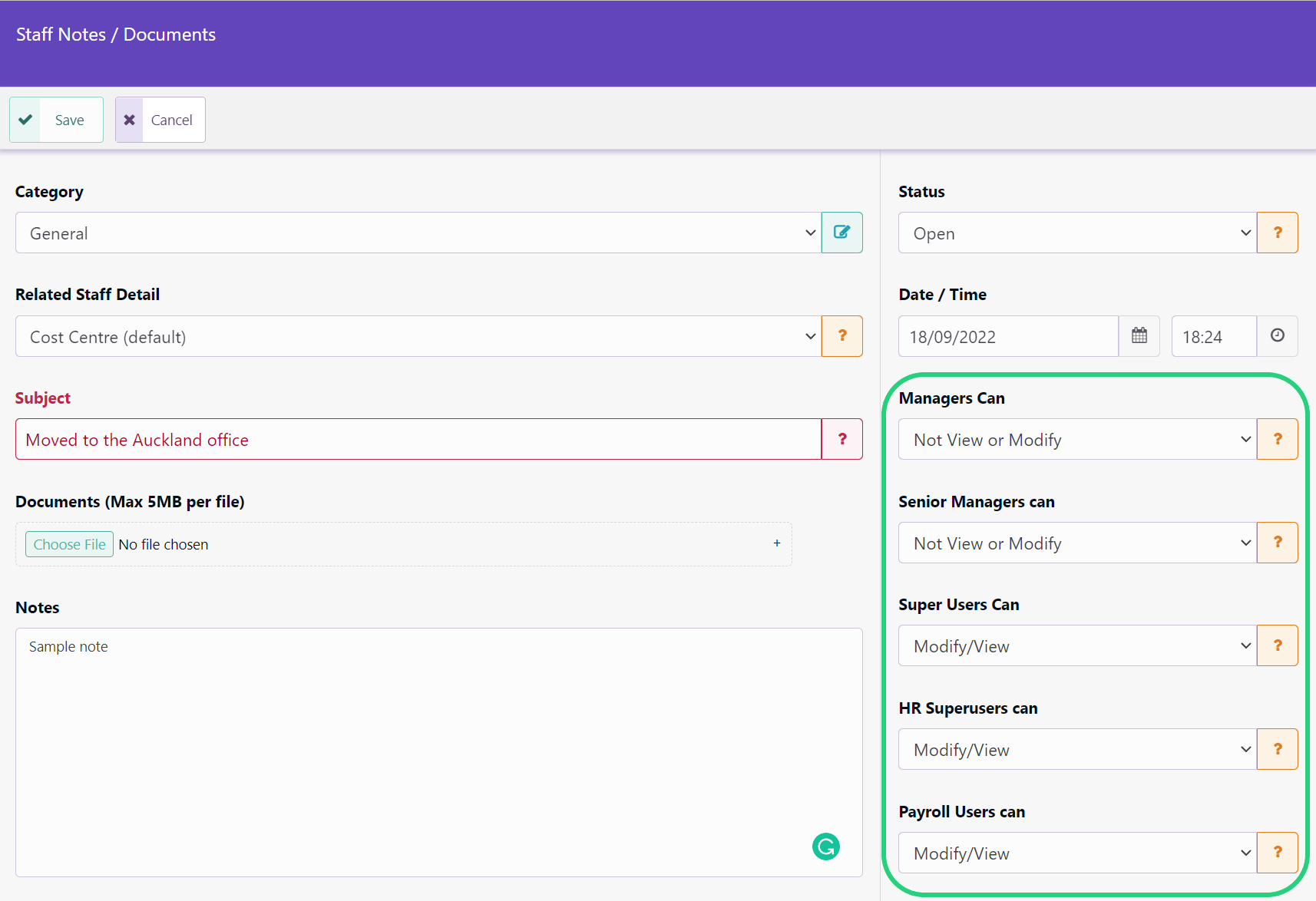 Staff Note / Document View and or Modify Rights
