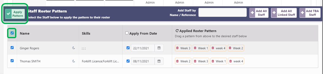 Apply Pattern in Roster Pattern Designer