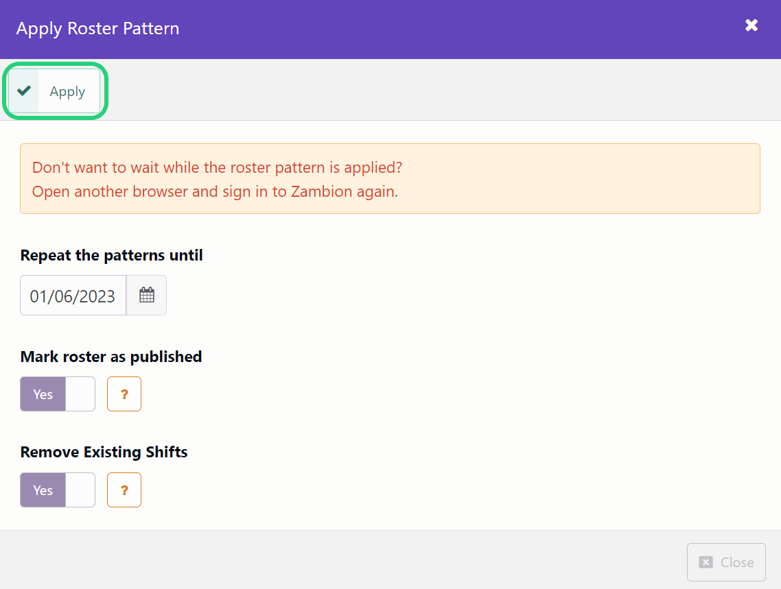 Apply Pattern in Roster Pattern Designer