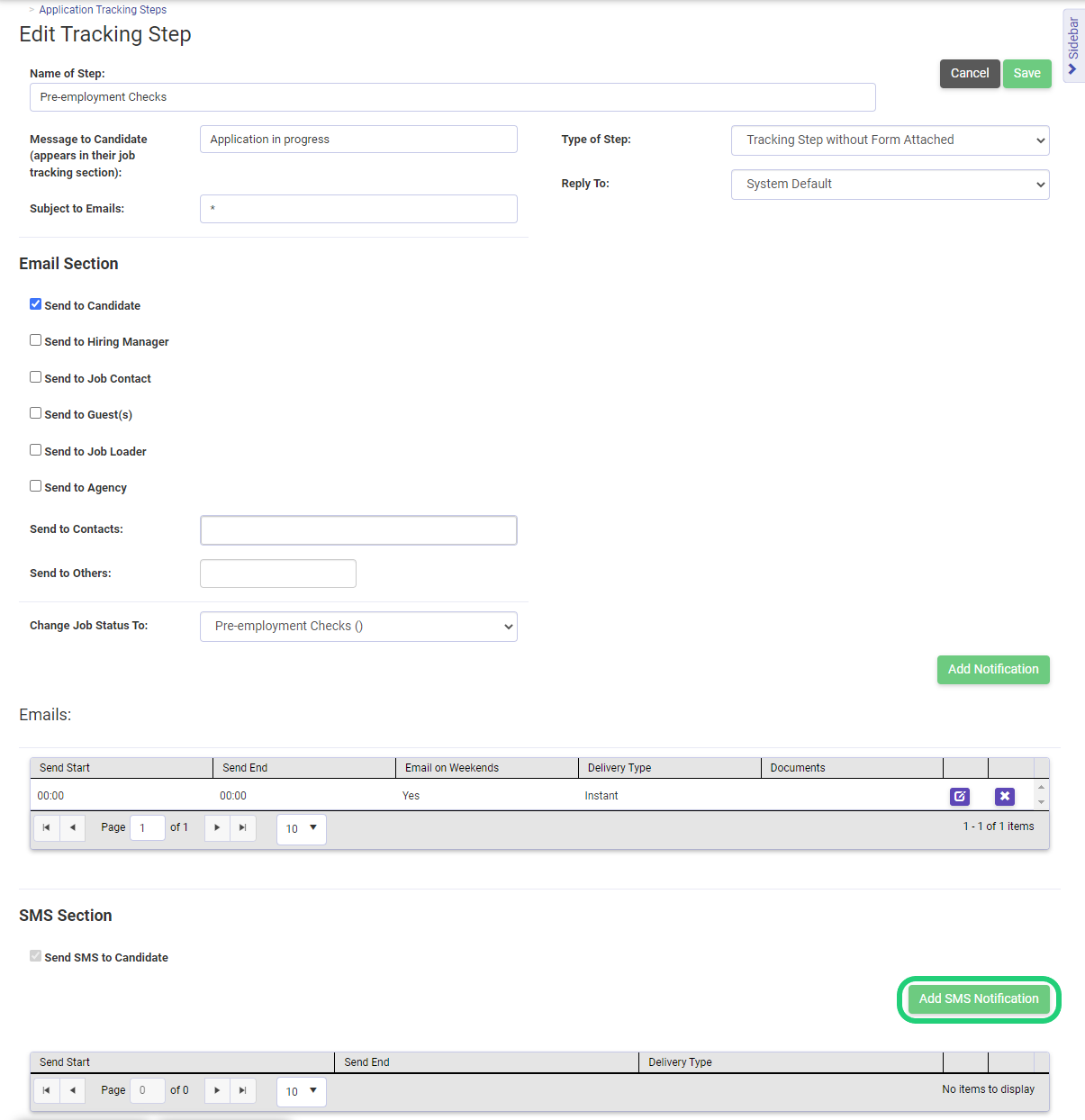 Adding SMS to a Tracking step