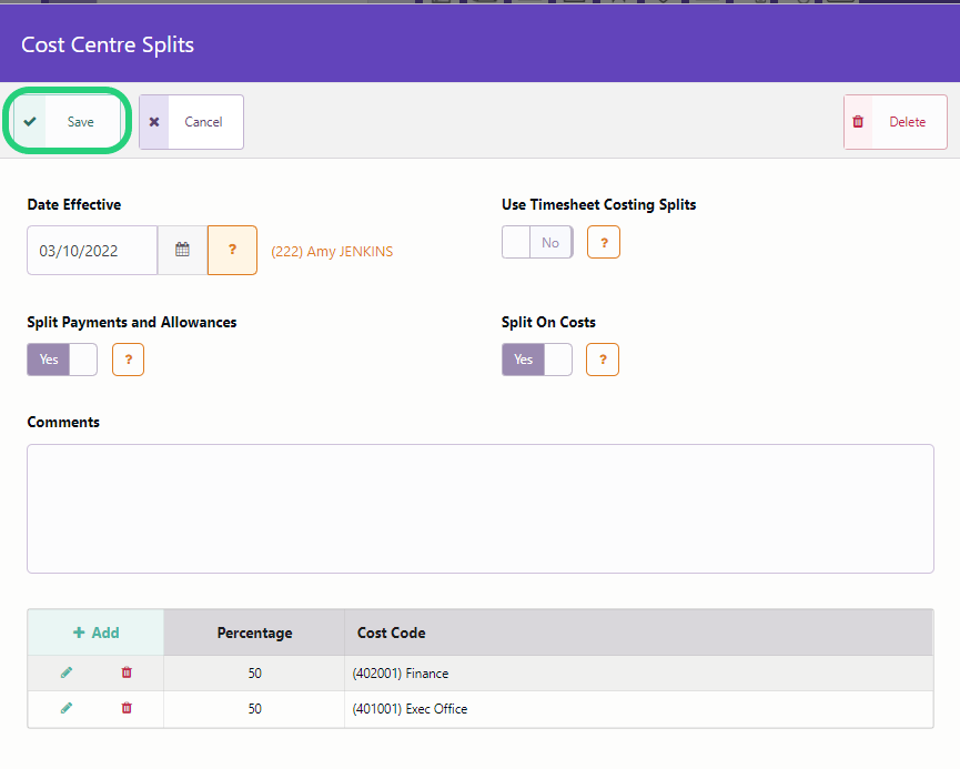 Cost Centre Split for an Employee